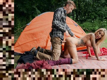 Fine blonde devours cock during naughty camping trip