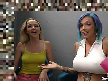 Blue haired punk slut and her friend fuck BBC at a gloryhole