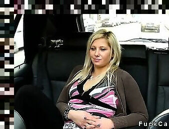 Hot blonde fucked in public parking in fake taxi