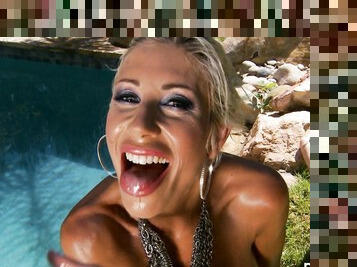 Puma Swede with king size boobs playing with her body by the pool