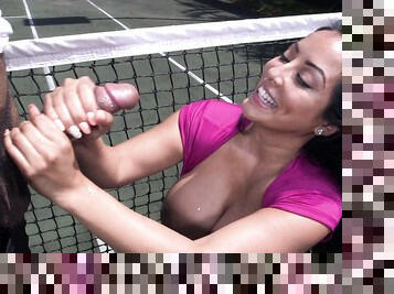 Sex on the tennis court grants busty female the ultimate interracial