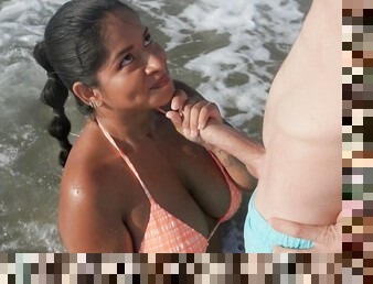 Dashing Latina MILF roughly fucked by the beach by a younger local stud